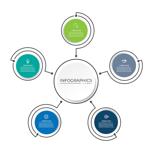 Timeline-Infografik-Vorlagendesign mit Kreisen. Geschäftskonzept mit Abschnitten mit 5 Optionsschritten