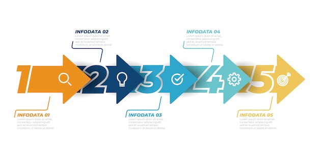 Timeline infografiken design vektor mit pfeil-vorlage. geschäftskonzept mit 5 schritten, wahlen. kann für workflow-layout, diagramm, info-chart, web-design verwendet werden.