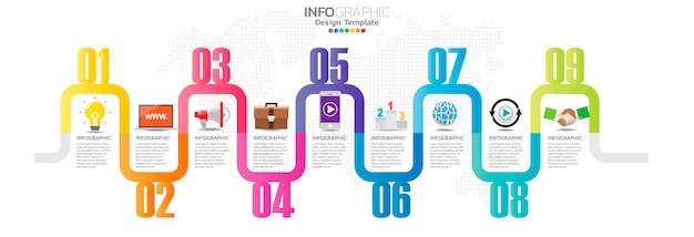 Timeline-infografiken mit schritt und marketing-symbole