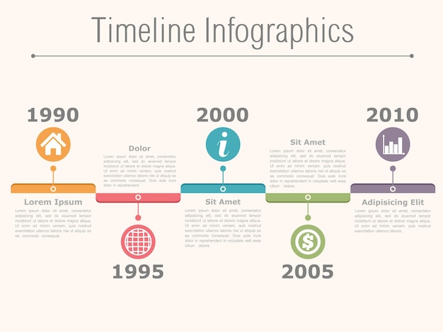 Timeline-Infographik-Design-Vorlage mit Datum-Symbolen und Textvektor-Eps10-Illustration