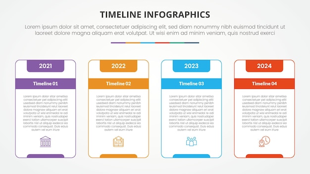 Timeline Meilenstein Infographik Konzept mit großer Umrisse Box Tabelle und Header Abzeichen für Diapräsentation mit 4 Punktliste