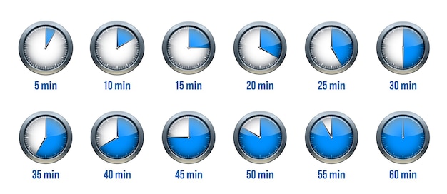 Vektor timer-uhr-stoppuhr-icon-set etikettenvorbereitungszeit oder kochzeit 5 minuten bis 1 stunde