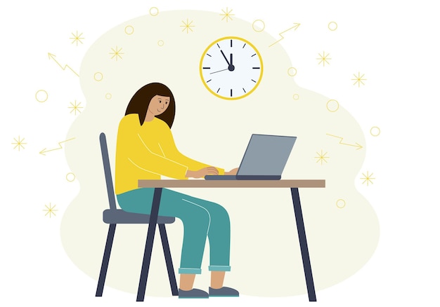 Timing-Konzept in Arbeit oder Ausbildung. Illustration einer Frau in einem Arbeitsbereich mit einem Laptop