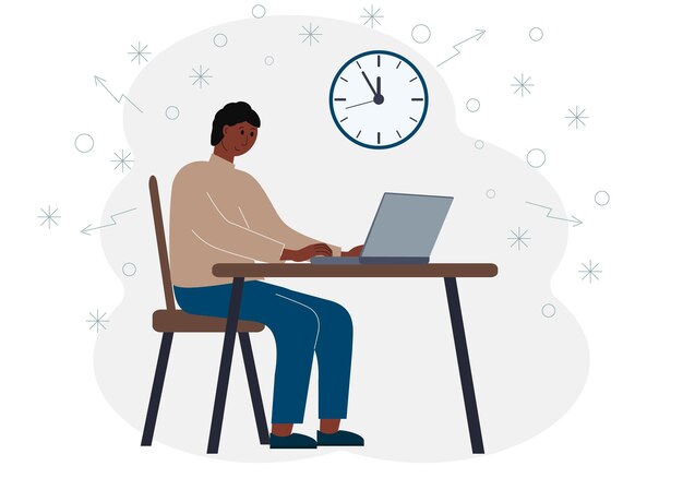Timing-Konzept in Arbeit oder Ausbildung. Vektor-Illustration eines Mannes in einem Arbeitsbereich mit einem Laptop