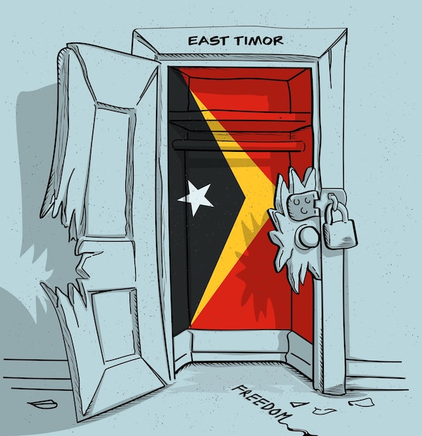 Timor-Lestes Weg zur Freiheit Eine politische Illustration einer kaputten, aber verschlossenen Tür
