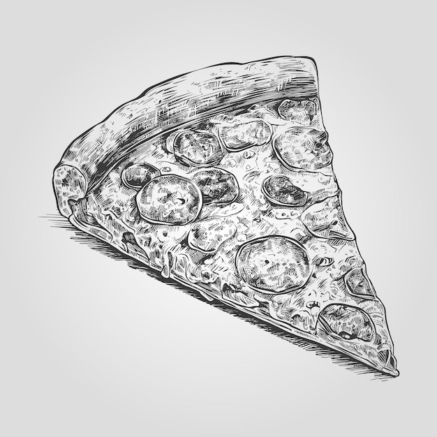 Tintenskizze gezeichnetes pizzastück. lebensmittelelement für menü- oder schilddesign. vektorillustration