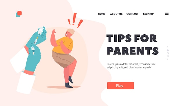 Tipps für eltern landing page template kind hat angst vor impfung kleiner junge charakter schreit schutz vor spritze