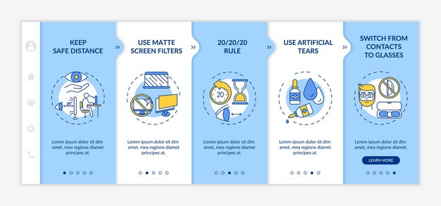 Tipps zur verhinderung digitaler überanstrengung der augen. sicherheitsabstand einhalten. verwenden sie matte bildschirmfilter. walkthrough-schrittbildschirme für webseiten.