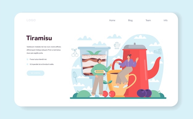 Tiramisu-dessert-webbanner oder landingpage-leute, die köstlich kochen