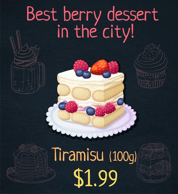 Tiramisu mit beeren-symbol cartoon-vektor-illustration auf schwarzem tafelhintergrund