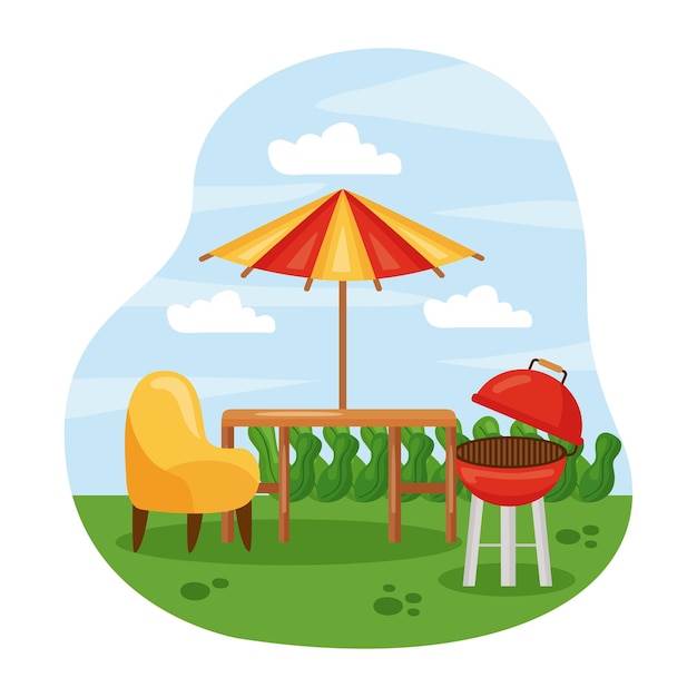 Tisch mit Schirmstuhl und Grill auf Gartenlandschaft