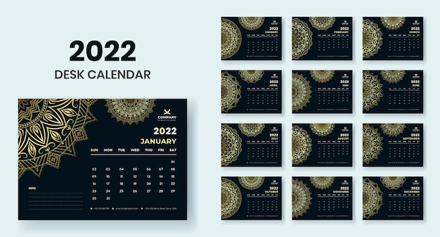 Tischkalender 2022 mit Luxus-Mandala-Set-Vorlagen-Vektor-Design Premium-Vektor