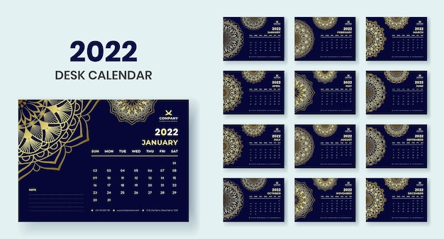 Tischkalender 2022 mit Luxus-Mandala-Set-Vorlagen-Vektor-Design Premium-Vektor