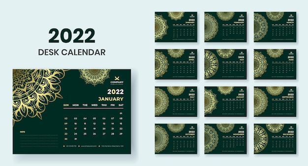 Vektor tischkalender 2022 mit luxus-mandala-set-vorlagen-vektor-design premium-vektor