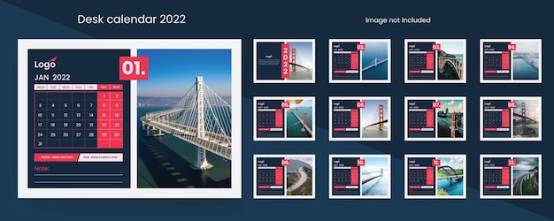 Vektor tischkalender 2022 mit roten und dunklen kreativen vektorakzenten