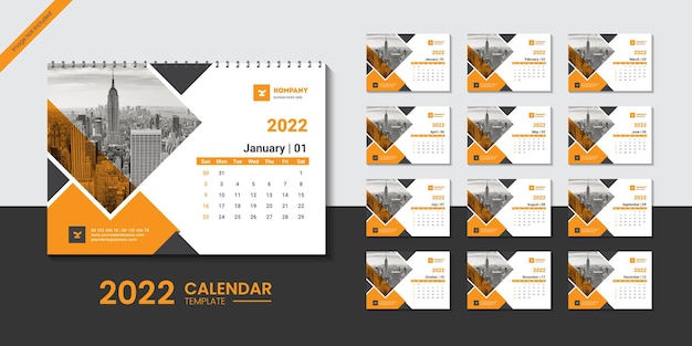 Vektor tischkalender des neuen jahres 2022 oder wandkalenderschablonendesign mit bunten abstrakten formen