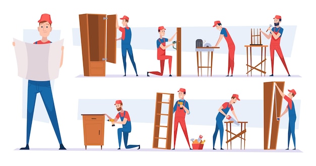 Tischler Handwerker Charaktere, die moderne Holzmöbel installieren und Kleiderschränke, Tische und Stühle herstellen, basteln Team exakte Vektor-Cartoon-Illustrationen