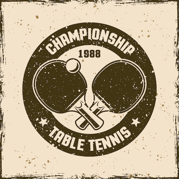 Tischtennis vintage rundes emblem, etikett, abzeichen oder logo. vektorillustration auf dem hintergrund mit entfernbaren schmutzbeschaffenheiten