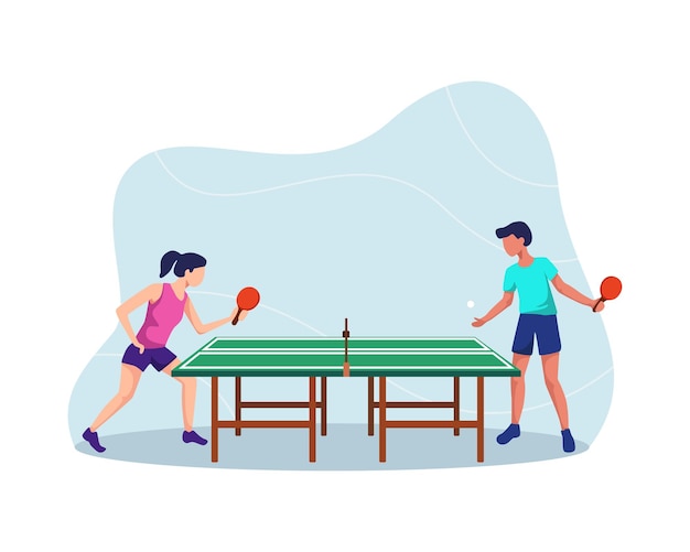 Tischtennisspieler, Jungen und Mädchen, die Tischtennis spielen, Spaß haben, Tischtennis zu spielen. Athletenillustration, Tischtennis-Tischtennis-Match. in einem flachen Stil
