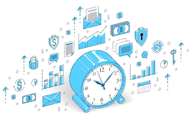Tischuhr isoliert auf weißem hintergrund, zeitleiste, geschäftstermin, zeit ist geldkonzept. isometrische 3d-vektorfinanzillustration mit symbolen, statistikdiagrammen und designelementen.
