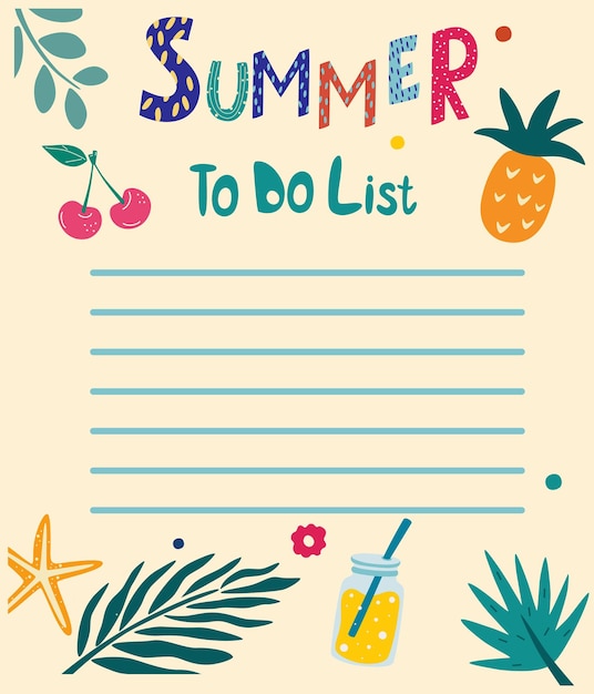 To-do-liste für den sommer. sommer handgezeichnete rohlinge mit tropischen blättern, kirsche, ananas, getränk, seestern. vorlagen für notizen, to-do- und buy-listen. organisator, planer, zeitplan für ihr design. vektor