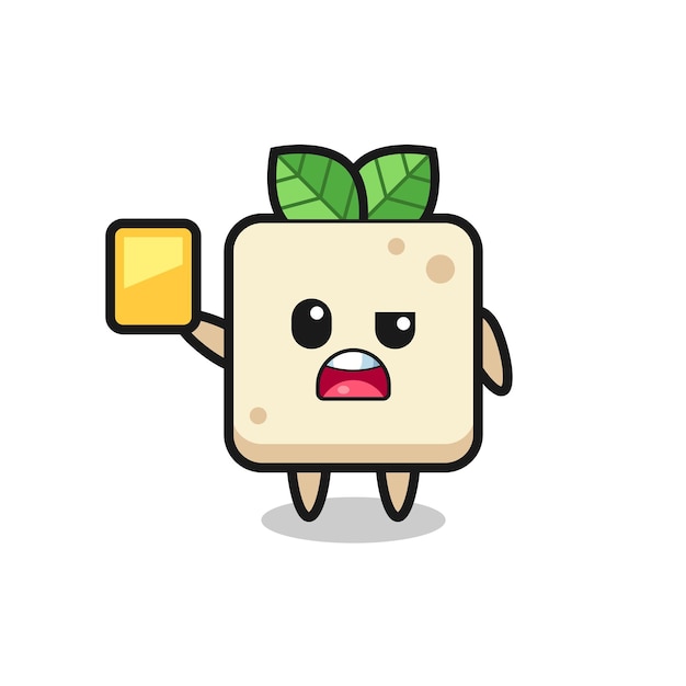Tofu-zeichentrickfigur als fußballschiedsrichter, der eine gelbe karte gibt