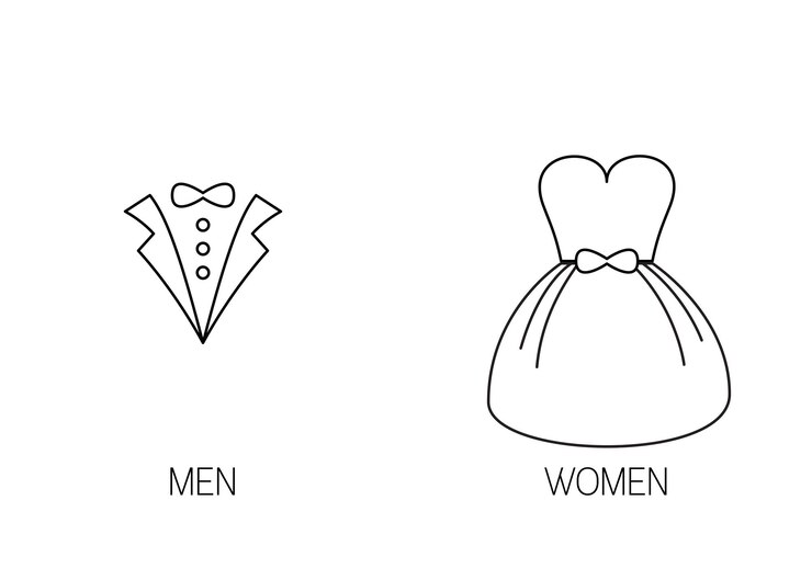 Vektor toilettenbeschilderung für männer und frauen mit tuxedo und gown line art