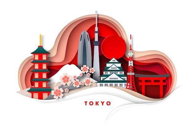 Tokyo city vector papierschnitt illustration tempel turm japan berühmte wahrzeichen und touristenattraktion...