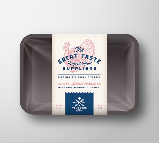 Tolles Geflügel. Fleischplastikbehälterbehälter mit Zellophanabdeckung. Retro Typografie Verpackung Design Label Vorlage. Hand gezeichnete Türkei Vintage