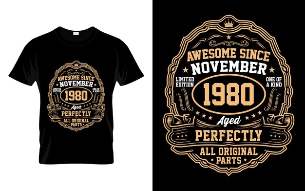 Vektor tolles t-shirt mit vintage-geburtstagsgeschenken seit november 1980