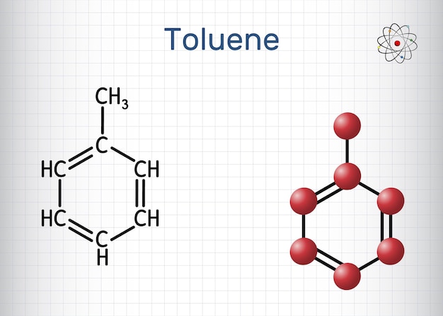 Toluentoluol c7h8-molekül strukturchemische formel und molekülmodell papierblatt in einem käfig