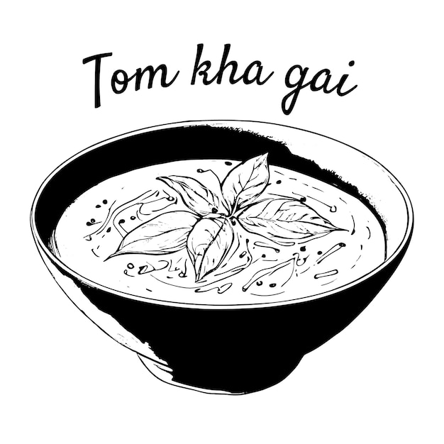 Tom kha gai thailändisches essen hühner-kokos-suppe handgezeichnete vektorgrafik