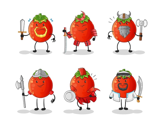 Tomaten-krieger-gruppencharakter-karikatur-maskottchen-vektor