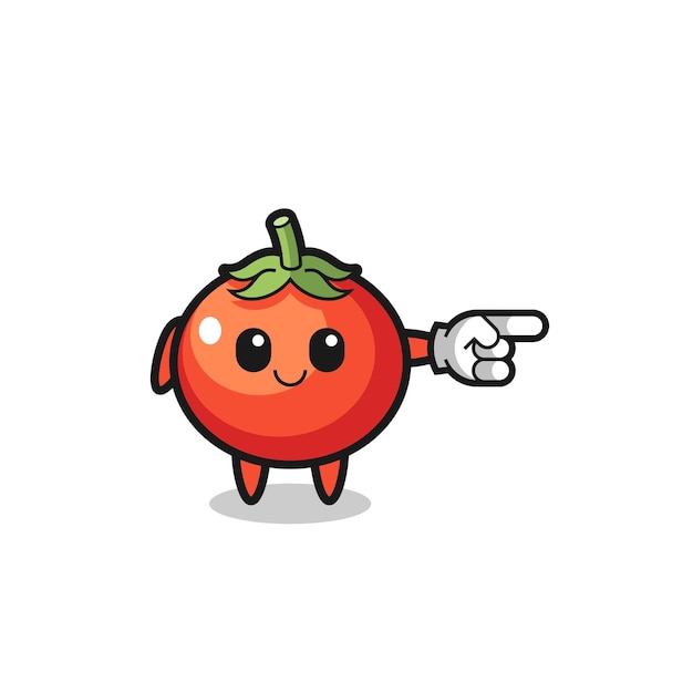 Tomaten-maskottchen mit nach rechts zeigender geste, süßes design