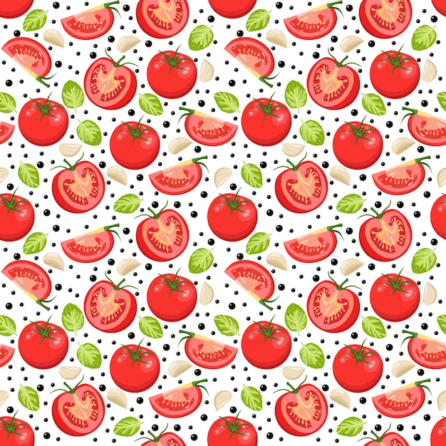 Tomaten Musterdesign auf weißem Hintergrund. Eine halbe Tomate, eine Scheibe und eine ganze Tomate