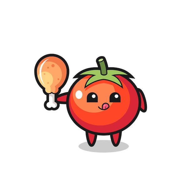 Tomaten süßes maskottchen isst ein brathähnchen
