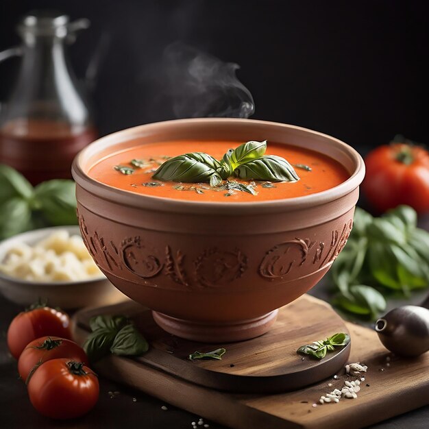 Vektor tomatensuppe mit basilikum und nudeln