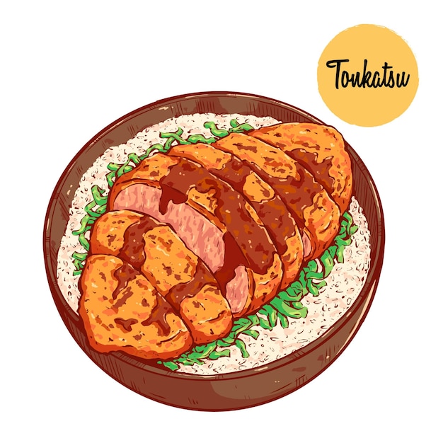 Vektor tonkatsu japanische lebensmittelvektorillustration. köstliches asiatisches essen farbige handzeichnung