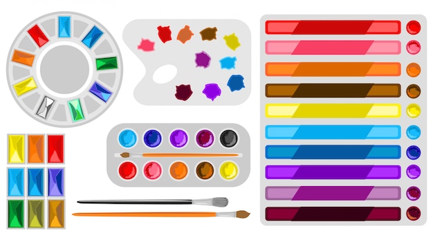 Vektor toolkit für malkunst. aquarellmalerei designkünstler liefert, zeichnet materialien. maler kunstwerkzeuge