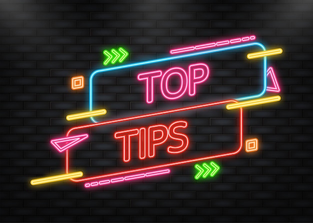 Top-tipps neon-banner auf blauem hintergrund vektor-illustration