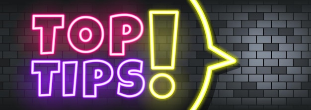 Top-tipps neontext auf dem steinhintergrund. beste tipps. für business, marketing und werbung. vektor auf isoliertem hintergrund. eps 10.