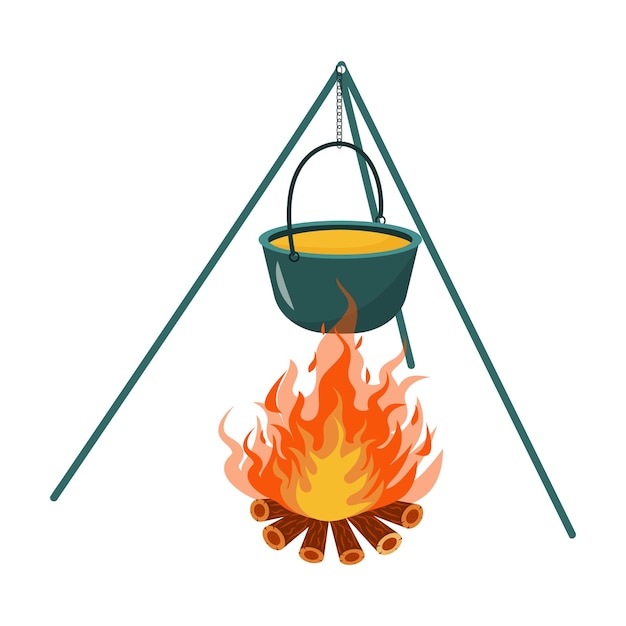 Vektor topf am lagerfeuer kochen in einem brennenden kessel wandern essen