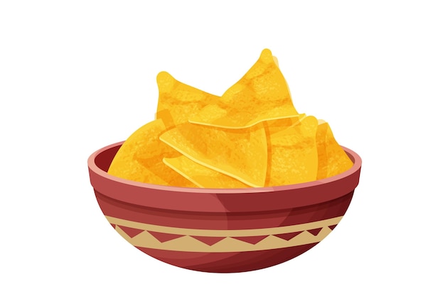 Vektor tortilla-chips traditionelle mexikanische nacho-dreieck-crisp-speisen in schüssel im cartoon-stil