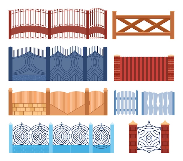 Torzaun in verschiedenen design-holz-metall-stein-barrieren illustration der dekorativen barriere schutzarchitekturelemente im freien