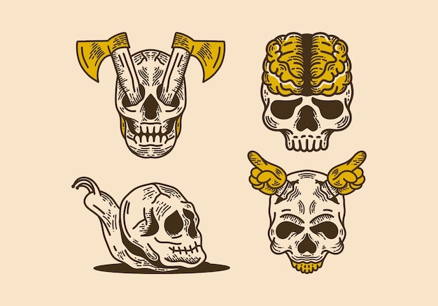 Totenkopf-grafik-set vintage retro-strichzeichnungen