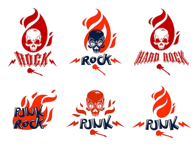 Totenkopf in flammen hard rock musik vektor logos oder embleme set, aggressiver schädel toter kopf auf feuer rock and roll labels, punk festival konzert oder club, musikinstrumenten shop oder aufnahmestudio.