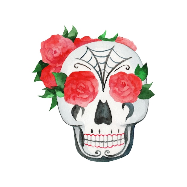 Totenkopf mit ästen und roten rosen