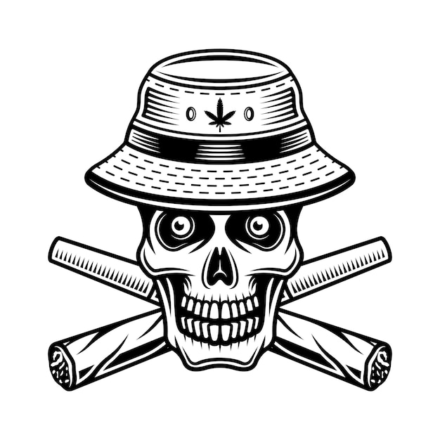 Totenkopf mit eimerhut und zwei gekreuzten unkrautgelenken vektorillustration im monochromen vintage-stil isoliert auf weißem hintergrund