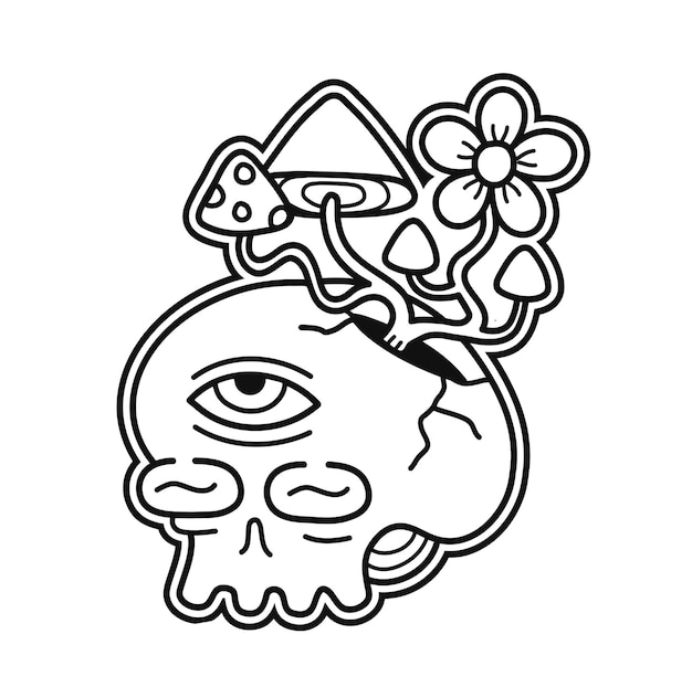 Totenkopf mit mahic-pilzen-t-shirt-print-designvektorlinie kunstseite für malbuchtrippy skullmagic mushrooms growingpsychedelischer druck für t-shirtposterstickerlogo-konzept