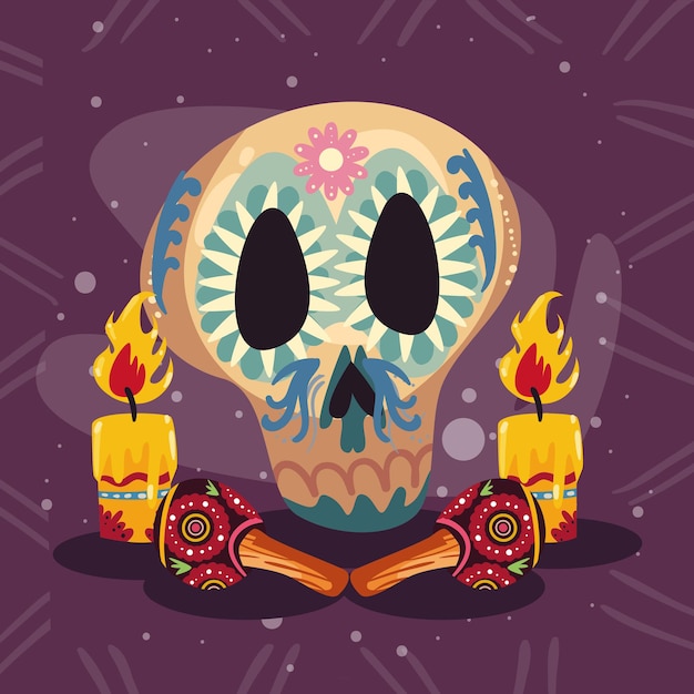 Totenkopf mit Maracas und Kerzen